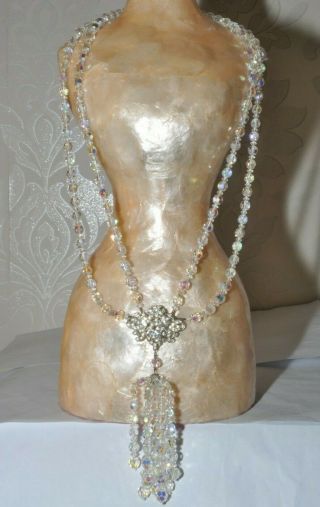 Fabulous Vintage Aurora Borealis Two Strand Tassel Necklace With Stone Set Clasp