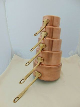 Set 5 Vintage French Copper Saucepans Bronze Handles - Tin Lined