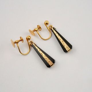 Antique Victorian 9ct Gold French Jet Dangle Screw Back Earrings Black Glass