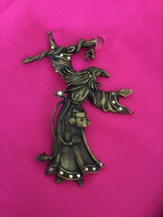 Vintage Big Whimsical Magical Wizard With Crystal Staff Brooch Signed Jj
