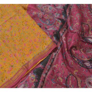 Sanskriti Vintage Yellow Sarees Pure Silk Printed Zari Border Sari Craft Fabric