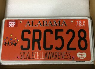 Alabama Specialty Rare Sickle Cell Awareness License Plate Expired