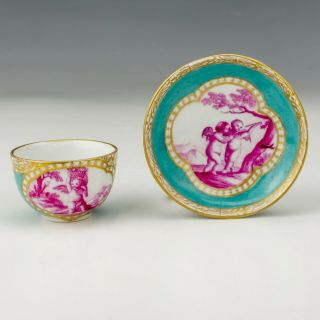 Antique Meissen Dresden Porcelain - Cherub Decorated Miniature Cup & Saucer