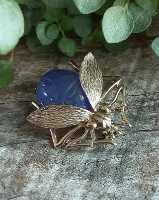Vtg C.  R.  Co.  Sterling 925 Gold Vermeil Beetle Scarab Pin Blue Stone 1 1/8 " 7820h