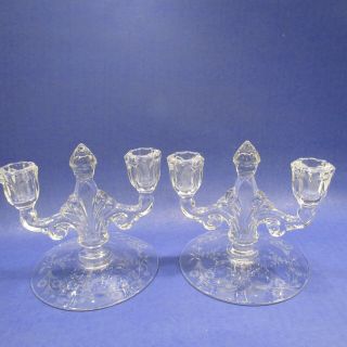 Pair Vintage Etched Floral Clear Glass Double Candlestick Holders Set 2 Flowers