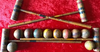 Antique Croquet Set Wooden Balls 4 Mallets 10 Balls Antique Display