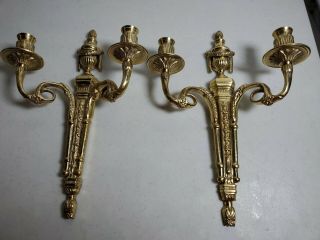 Vtg Pair 2 Brass Neoclassical Double Candle Holder Light Wall Sconces 14 " Ea