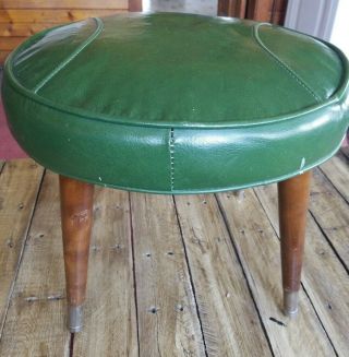 Vintage 16 " Retro 1970s Green Round Stitched Leather Footstool Ottoman Stool