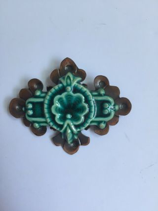 Vintage Estate French Or English Majolica Brooch Emerald Green Color On Copper
