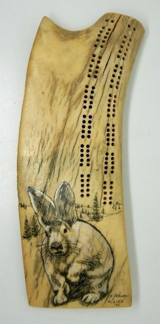 Vintage 1976 Ekemo Studios Signed Alaskan Antler Rabbit Scrimshaw Cribbage Board