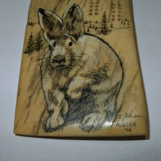 Vintage 1976 Ekemo Studios Signed Alaskan Antler Rabbit Scrimshaw Cribbage Board 2