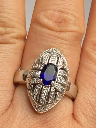 Vintage 925 Mark Sterling Silver Iolite And Cz Statement Ring - Uk Size Q