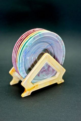 Vintage Early Plastic/ Bakelite Set Marble Multi Colour Drink Coasters In Holder