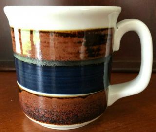 Vintage Mcm Lauffer Handcrafted Stoneware Mug Coffee Cup Japan Blue Brown Stripe