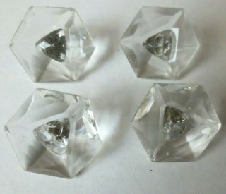 Set Of 4 Vintage Crystal Clear Glass Buttons 6 Sided Art Deco 1 - 1/8 "