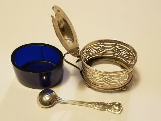 Antique Victorian Sterling Silver & Cobalt Blue Glass Mustard Pot W/spoon Lion.