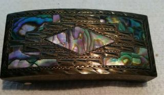 Vintage Plata 925 Mexico Sterling Silver Abalone Shell Stone Belt Buckle Amg