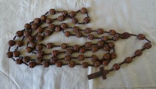 Very Large Antique French Priest Hand Carved Wood Seed Rosary Beads 85 "