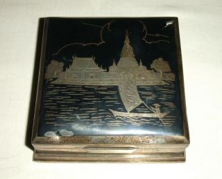 Antique Thai (siam) Sterling Silver Niello Box With Temple/river Boat Design