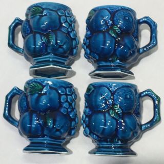 Vintage Inarco Mood Indigo Blue Fruit Embossed Mugs E2431 Set Of 4 Japan Mcm