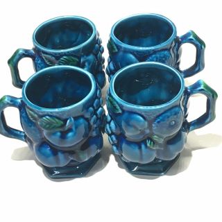 Vintage Inarco Mood Indigo Blue Fruit Embossed Mugs E2431 Set of 4 Japan MCM 2
