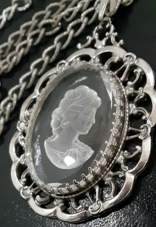 28 " Whiting And Davis Clear Glass Intaglio Cameo Vtg Necklace Silver Tone