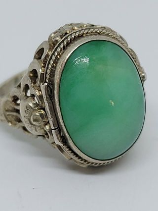 Antique Vintage Chinese Export Silver Floral Green Jade Poison Ring Adjustable