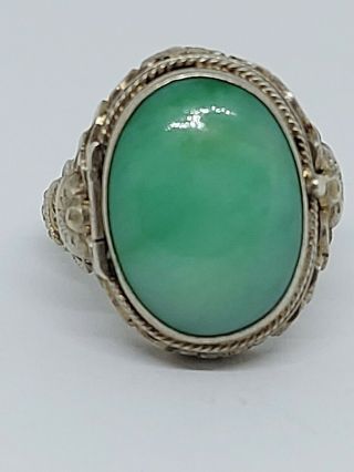 Antique Vintage Chinese Export Silver Floral Green Jade Poison Ring Adjustable 2