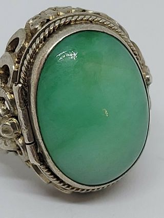 Antique Vintage Chinese Export Silver Floral Green Jade Poison Ring Adjustable 3