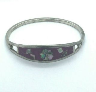 Vintage Alpaca Silver Bracelet Taxco Mexico Abalone Inlay Purple Stone Hinged