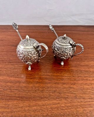 (2) Indian Solid Silver Salt Cellars Floral Repousse Hand Wrought 106g