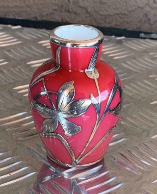Pin Cased Vase 3.  5 " W/ Sterling Silver Overlay Red Cranberry Rose Vintage Estate