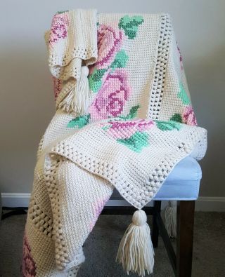 Vintage Handmade Crochet Afghan Blanket Throw Cross Stitch Floral Rose 72 " X 52 "