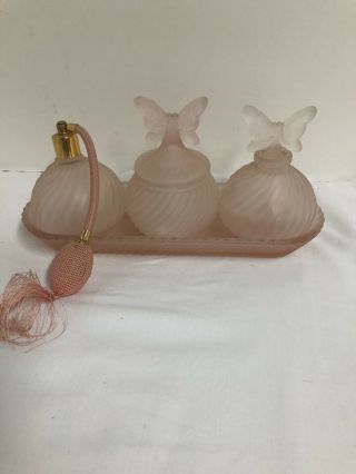 Vintage 4 Piece Frosted Pink Butterfly Vanity Set With Atomizer