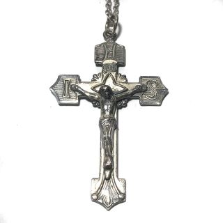 Chapel Cross Pendant Necklace 925 Sterling Silver Vintage Inri Stamped B.  T.  F.  C.