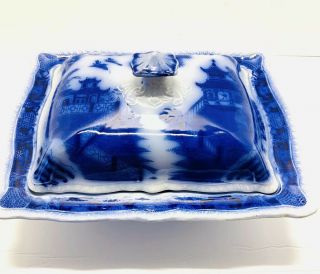 Antique Pountney Bristol Mandarin Pattern Flow Blue Covered Dish 11”l 9”w 6.  5”h