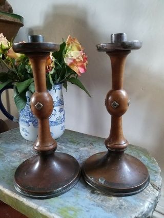 A Arts And Crafts Wood And Copper Candlesticks Treen Gothic
