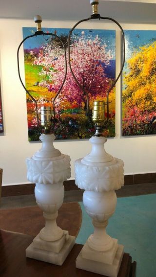 Two 2 Italian Alabaster Carving Carved Lamps Art Mid Century Modern Deco