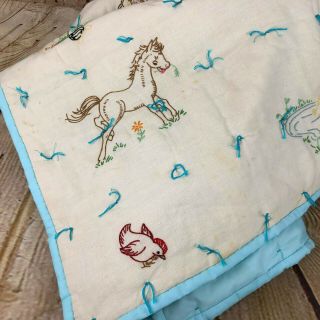 Vintage Crib Handmade Blanket With Barn Animal Embroidery White Blue Trim