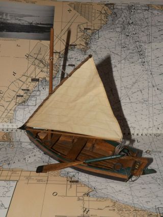 Vintage Hand Made Model Cat Sail Boat With Oars