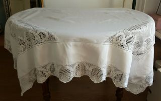 Vintage Antique White Cotton Crochet Lace Tablecloth Scalloped Edge