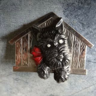 Vintage Art Deco Black Red Enamel Scottie Dog Bow House Brooch C Pin - N234