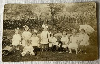 Vintage Real Photo Postcard Child’s Birthday Party Toys Wheelbarrow Rppc 1911