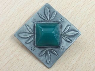 Vintage Arts & Crafts Pewter & Green Glass Costume Brooch Pin 1930