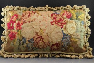 Semi Antique Wool Needlepoint Decorative Throw Pillow W/ English Garden Floral