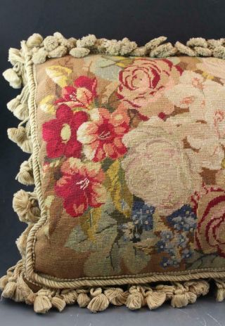 Semi Antique Wool Needlepoint Decorative Throw Pillow w/ English Garden Floral 2