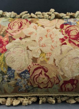 Semi Antique Wool Needlepoint Decorative Throw Pillow w/ English Garden Floral 3