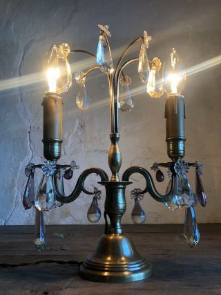 Antique French Bronze & Lead Crystal Table Lamp / Girandole Fine Quality.  C1910