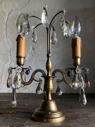 Antique French Bronze & Lead Crystal Table Lamp / Girandole Fine Quality.  c1910 2