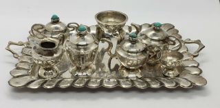 Vintage Miniature Sterling Silver Tea Set For Doll House Turquoise Fondue Tea